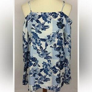 Pleione Blue and White Off The Shoulder Blouse With Straps